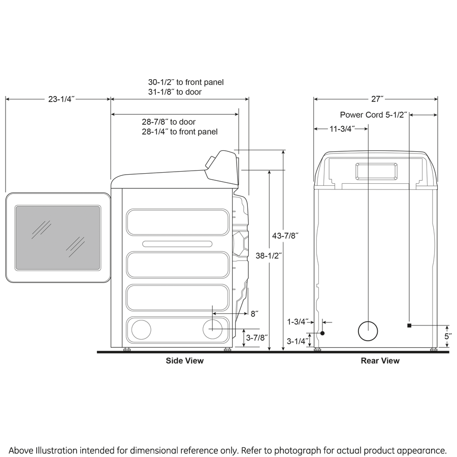 Technical line drawing showing side and rear dimensions of a smart aluminized alloy electric dryer from Dryers collection.