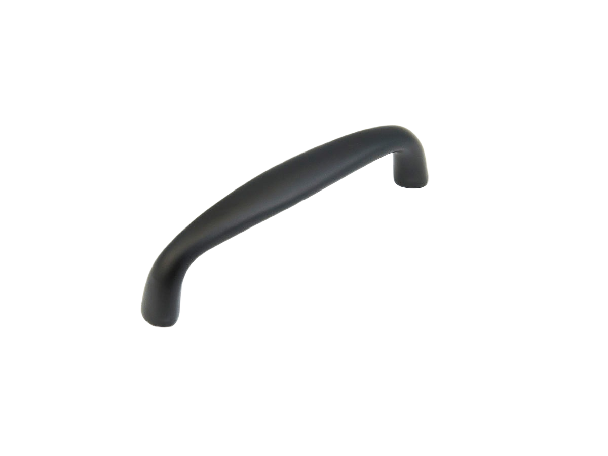Flat black traditional cabinet pull with 3-inch center-to-center design for furniture hardware collections