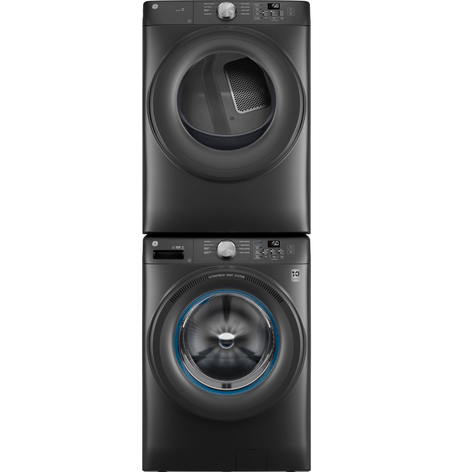 Front view of stacked black smart front load washer and GE gas dryer with digital controls from washers and dryers collection