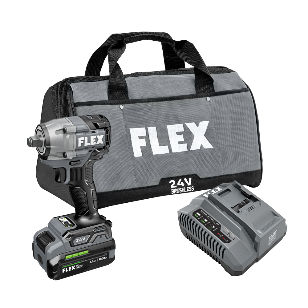 Compact 24V cordless impact wrench with stacked lithium battery, battery charger, and durable gray carrying bag, part of Power Tools and Woodworking Tools collections for home improvement at Hartville Hardware.