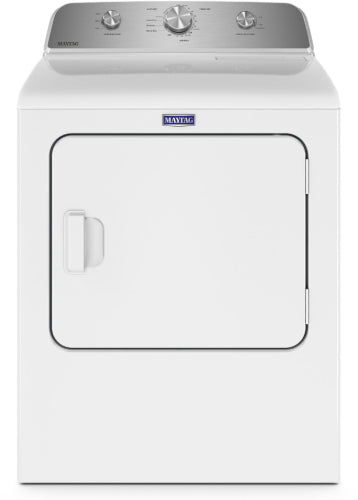 Front view of a white top load gas dryer with control dials, part of dryers and home appliances collections