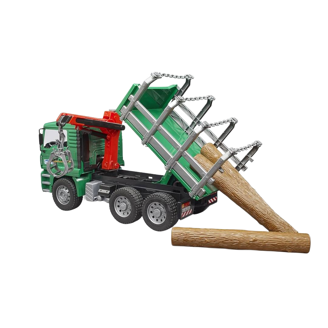 Green Bruder MAN timber truck toy with red crane lifting wooden logs for tools and home improvement play.