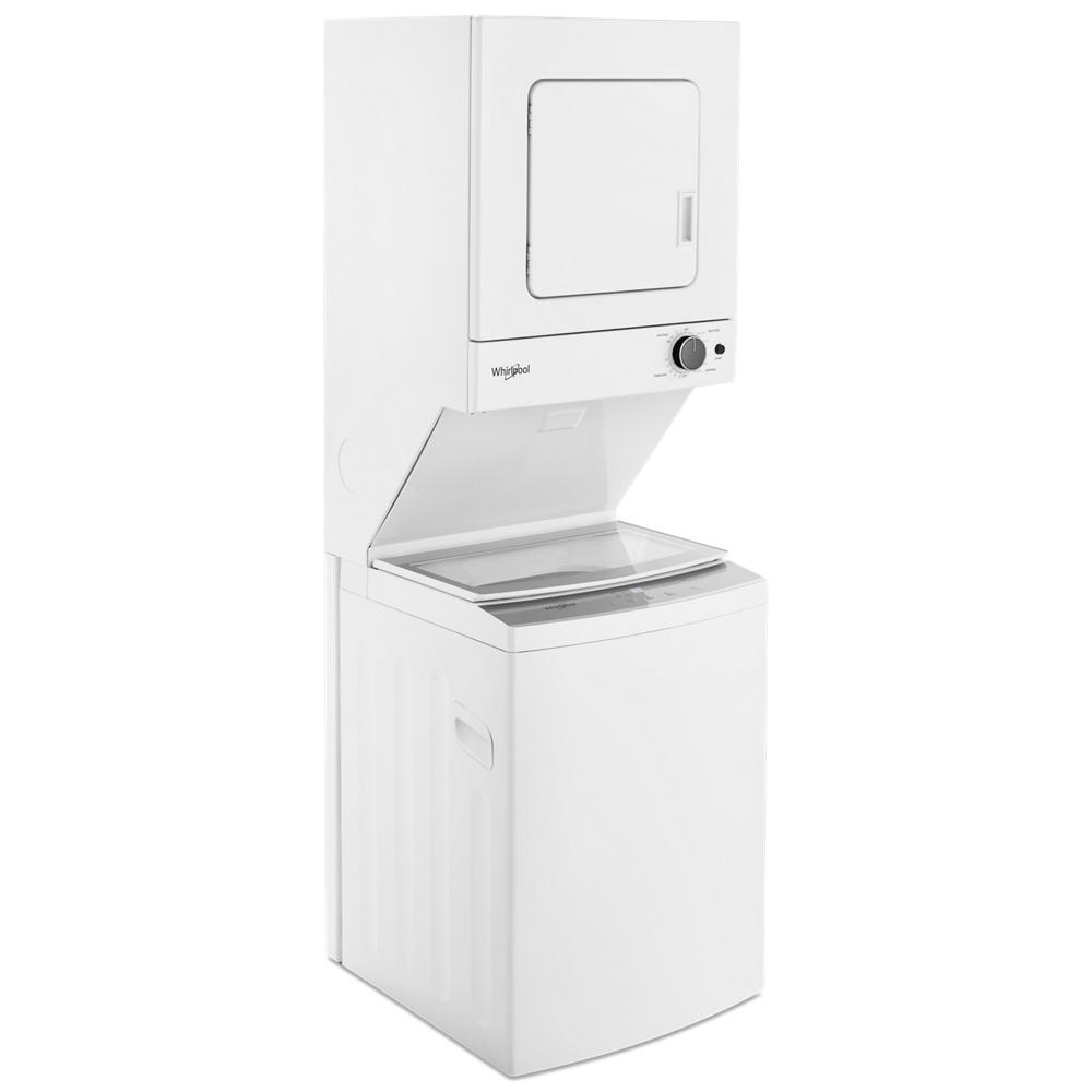 White electric stacked laundry center featuring a top front-load dryer with control knob and bottom top-load washer with glass lid, ideal for compact spaces in appliance laundry centers at Hartville Hardware.