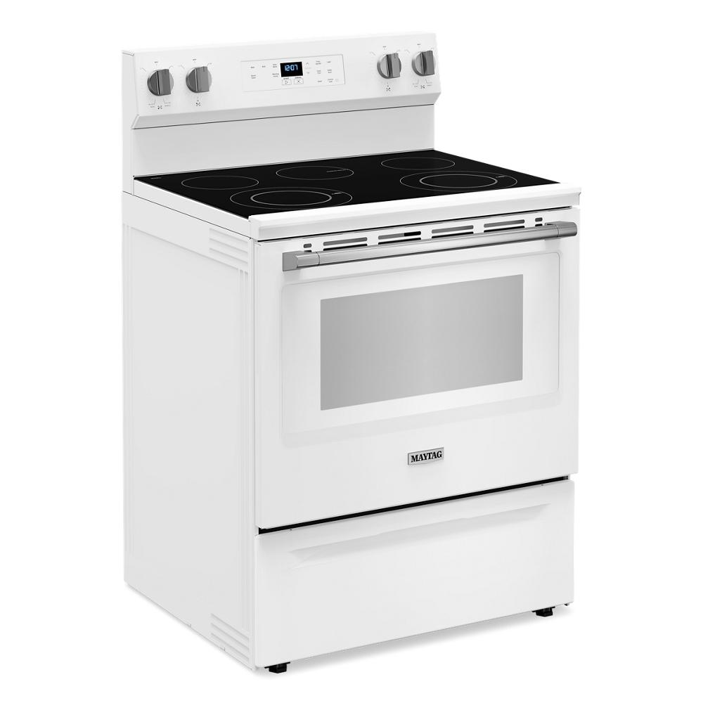 White electric range with edge-to-edge ceramic glass cooktop and front control knobs in Ranges & Kitchenware collection