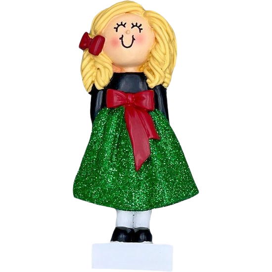 Blonde girl figurine ornament in festive green dress with red bow from Christmas Ornaments & Tree Decorations collection