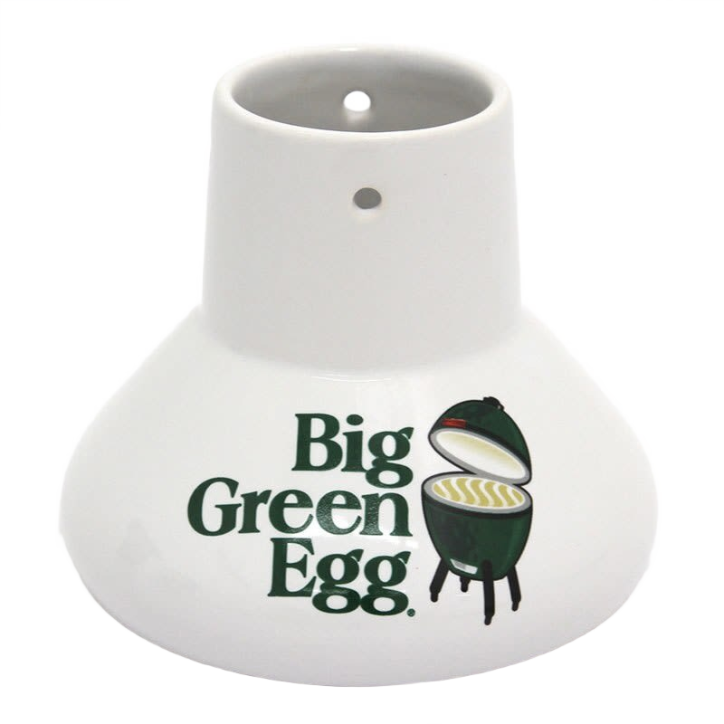 White ceramic chicken roaster with vent holes and Big Green Egg logo for grilling and outdoor cooking accessories