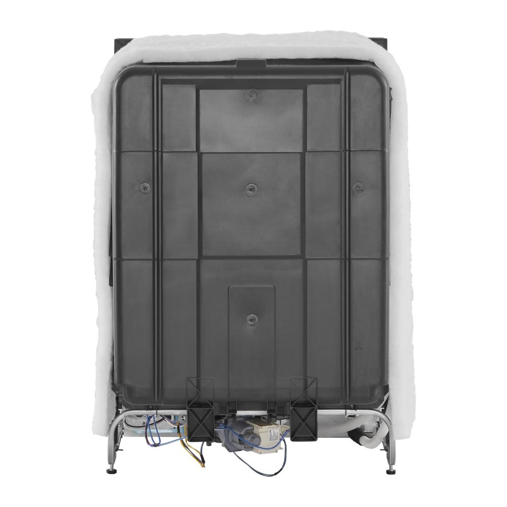 Rear view of quiet dishwasher showing insulation and exposed wiring components in kitchen appliance collection