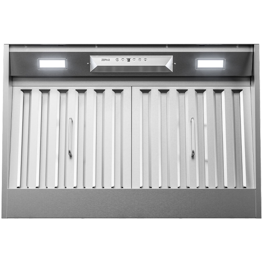 Stainless steel kitchen range hood insert with LED lights and control panel from appliances collection