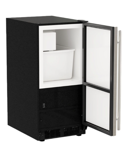 15-inch low profile built-in crescent ice machine with black exterior and stainless steel handle in kitchen appliances collection