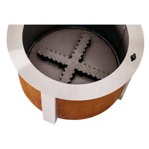 Corten steel fire pit with stainless steel legs and cross grate for outdoor living and patio fire pit collections