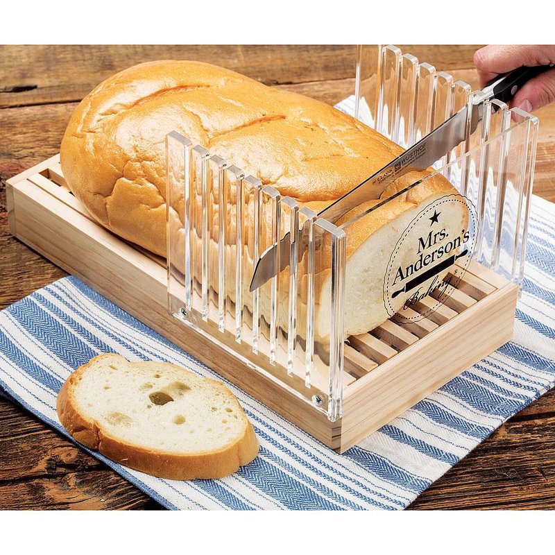 Wood and clear acrylic bread slicing guide with adjustable slots for precise even cuts in kitchenware and utensils collections