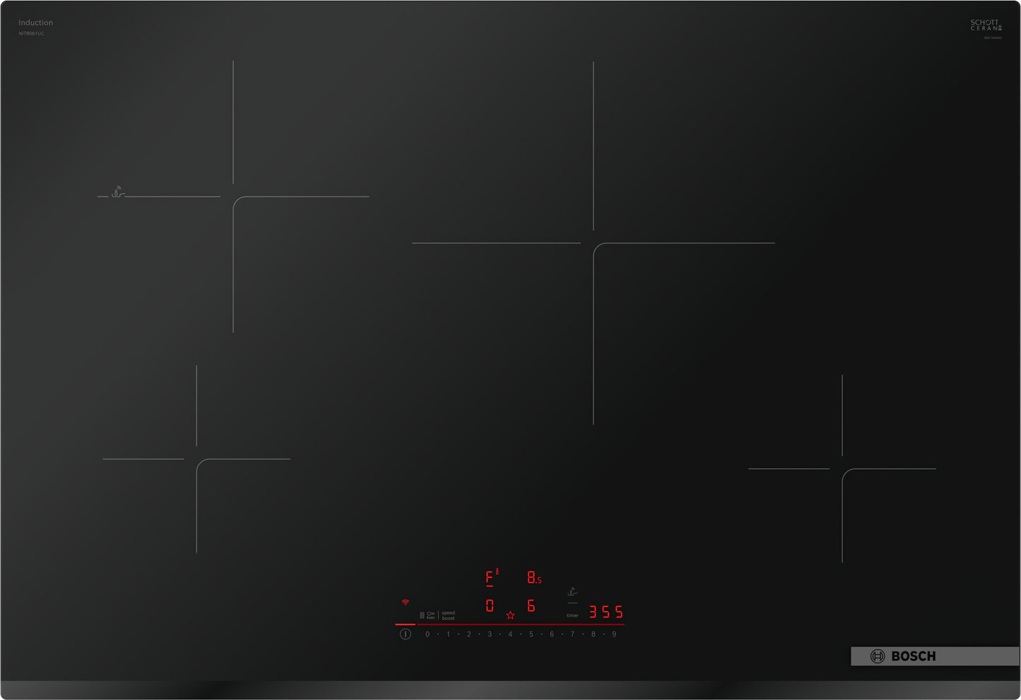 Black induction cooktop with four cooking zones and touch controls from Bosch Appliances collection