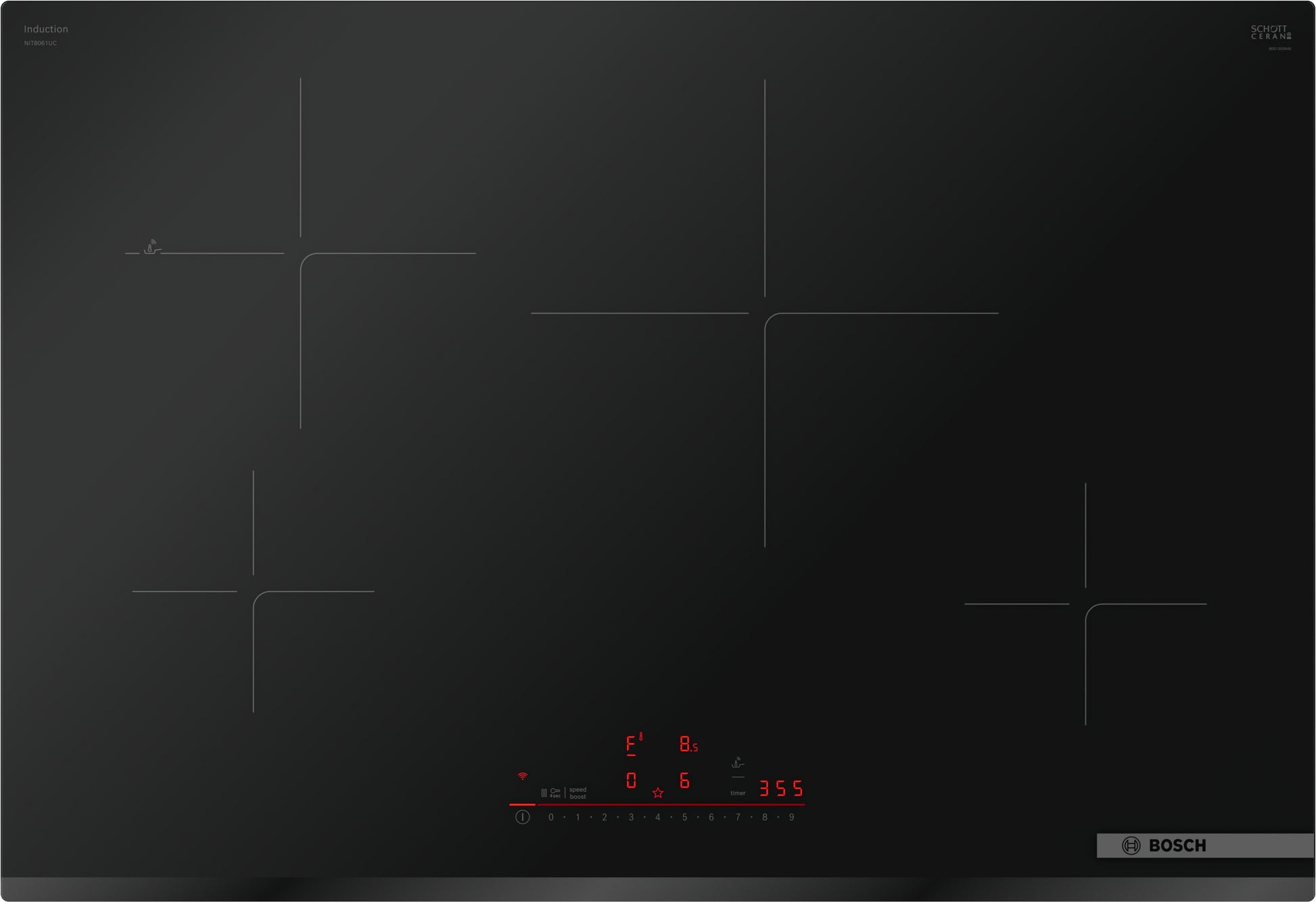 Black induction cooktop with four cooking zones and touch controls from Bosch Appliances collection