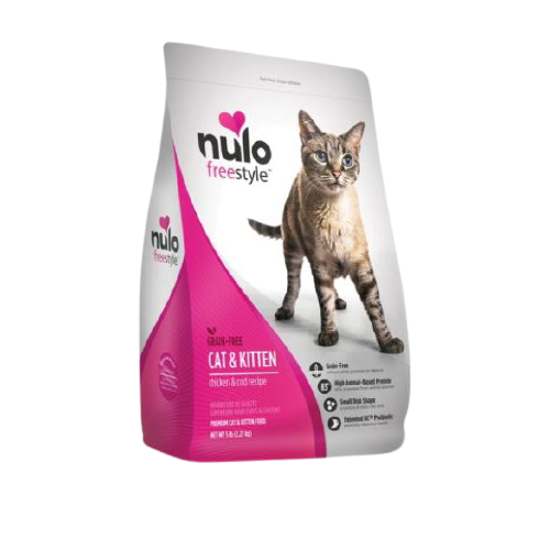 White and pink bag of grain-free dry cat and kitten food with chicken and cod recipe by Nulo Freestyle
