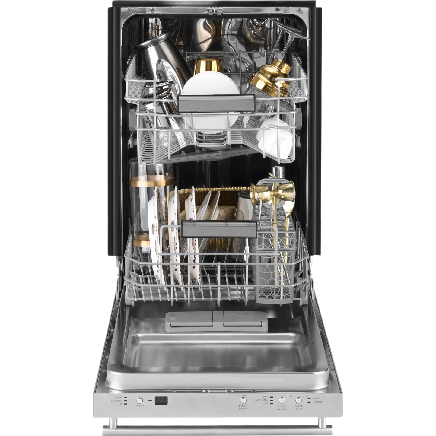 Built-in dishwasher open with loaded dishes, glassware, and utensils inside in kitchen appliances section