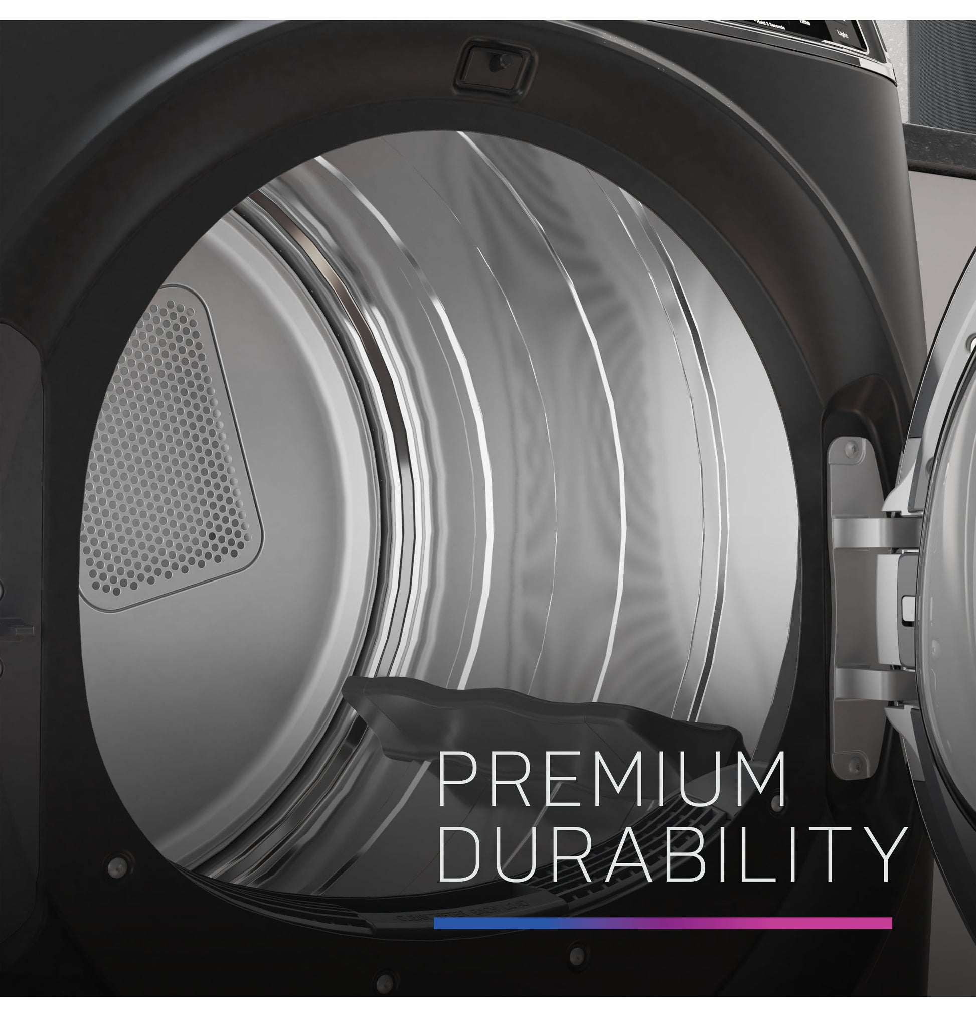 Open front load gas dryer drum interior with textured rear panel in Appliances and Dryers collection