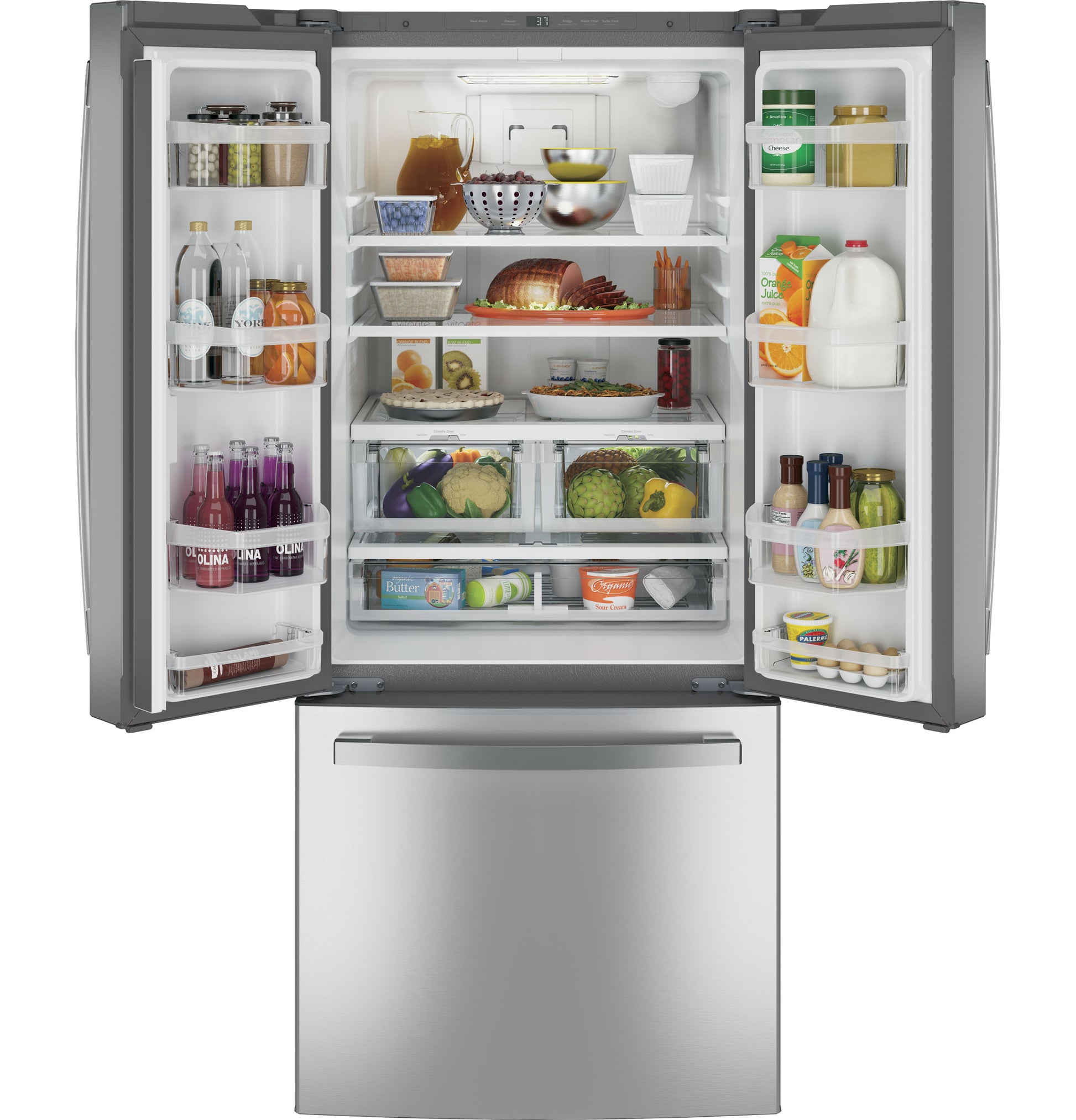 Open stainless steel French-door refrigerator showing organized fresh foods and beverages in kitchen appliance collection