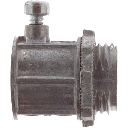 Close-up of galvanized metal conduit connector with set screw and threaded fitting for electrical conduit installation