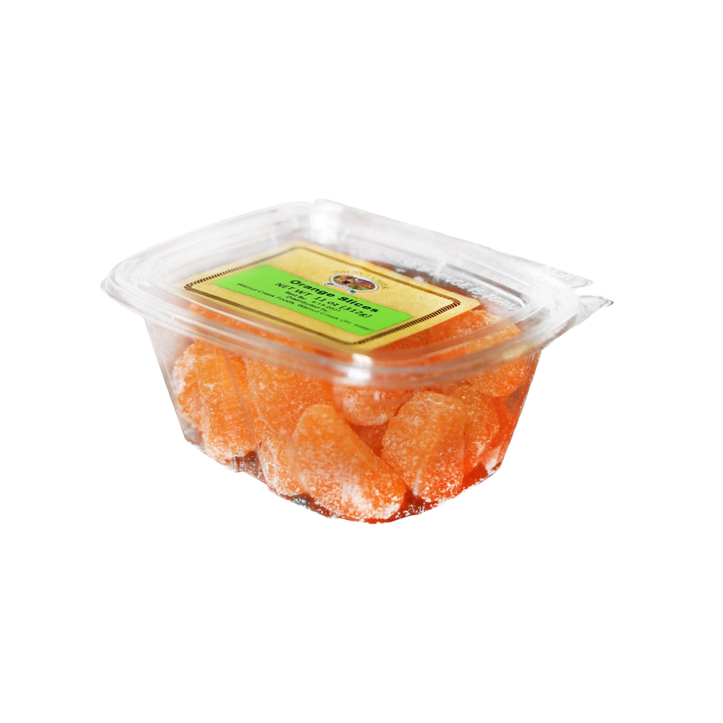 Clear plastic tub filled with sugar-coated orange slice gummies from candy and food & beverage collection