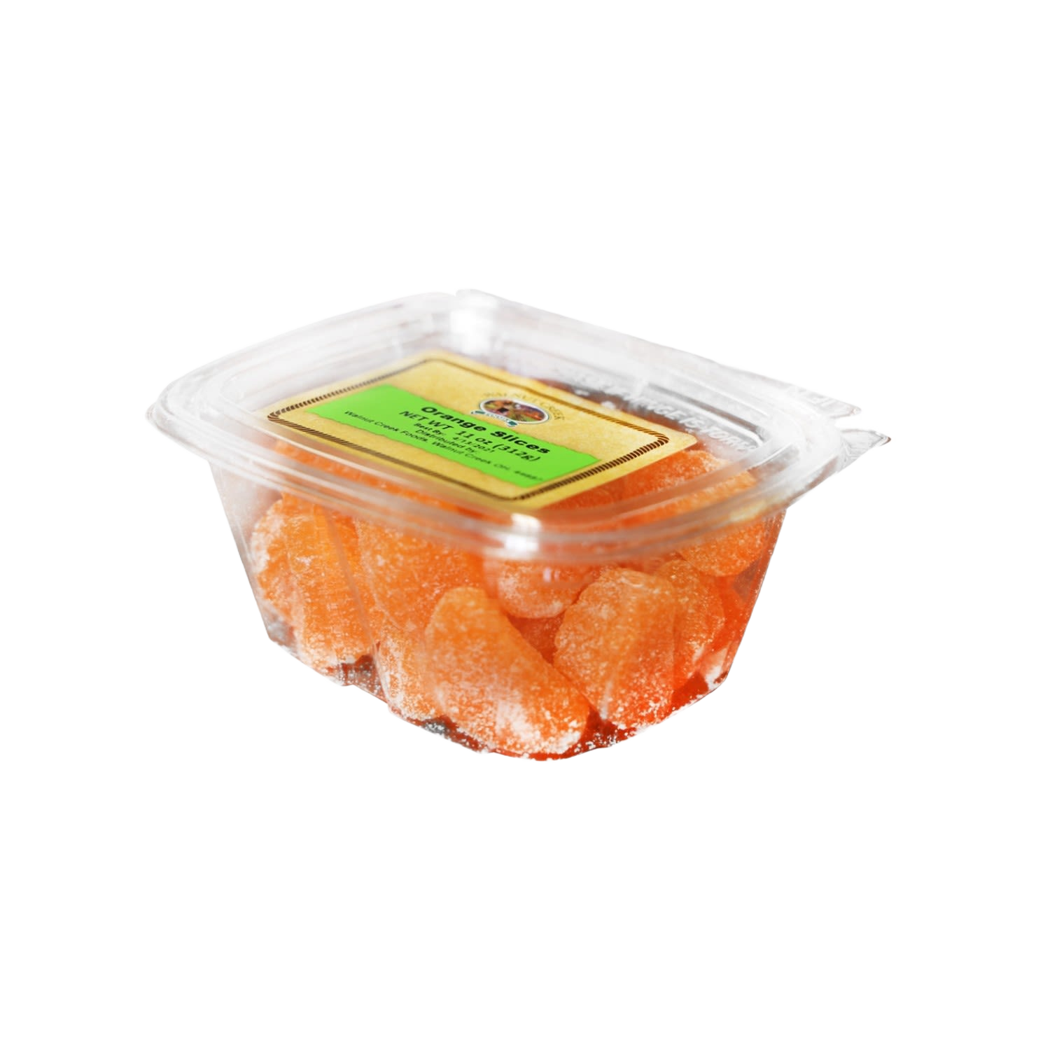 Clear plastic tub filled with sugar-coated orange slice gummies from candy and food & beverage collection