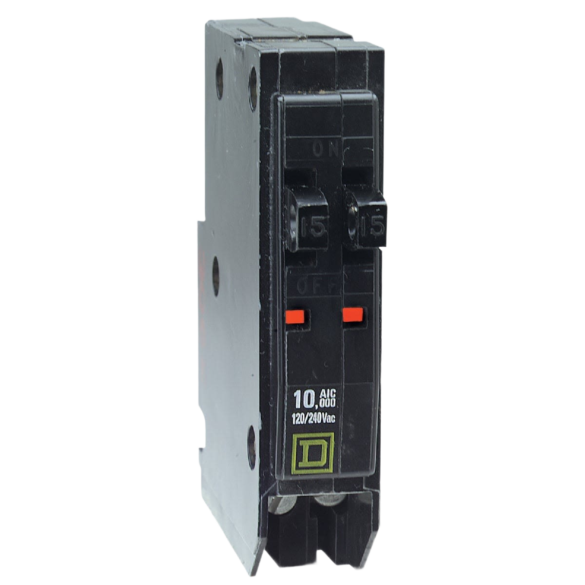 Black single-pole tandem circuit breaker with dual switches rated 15 amps for home electrical panel use in tools and home improvement