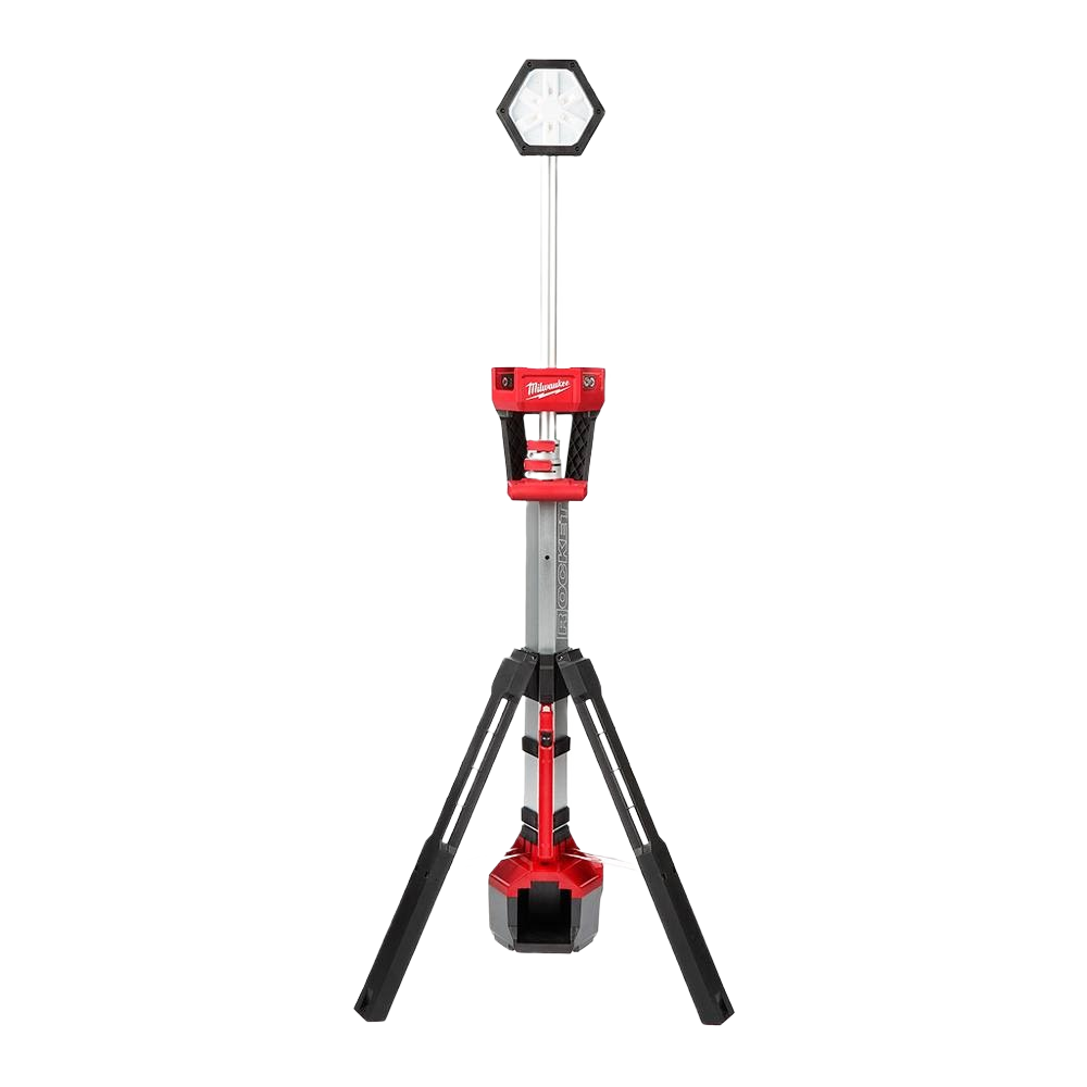 Red and black Milwaukee utility tower light with adjustable tripod stand for work sites and home improvement tasks