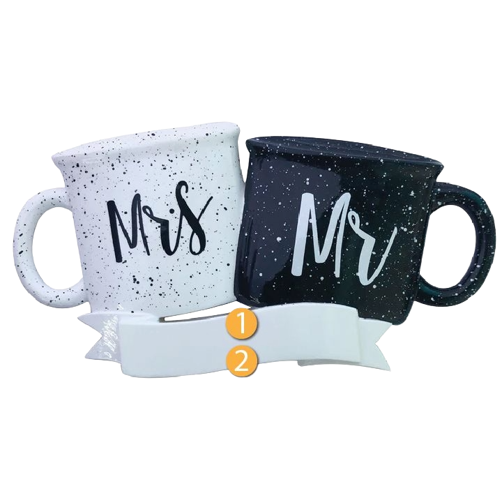 Speckled black and white Mr. and Mrs. mugs ornament with customizable nameplate for Christmas tree decorations under 50 collection