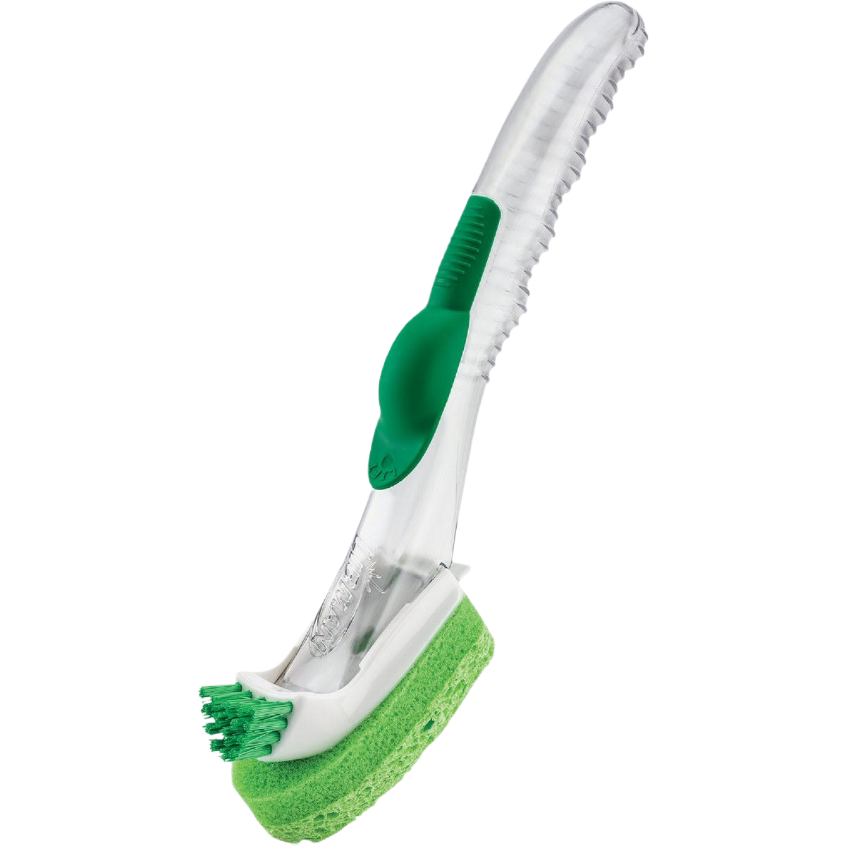 Green and white dish brush with recycled PET handle and Sanoprene grip for eco-friendly cleaning tools under $50