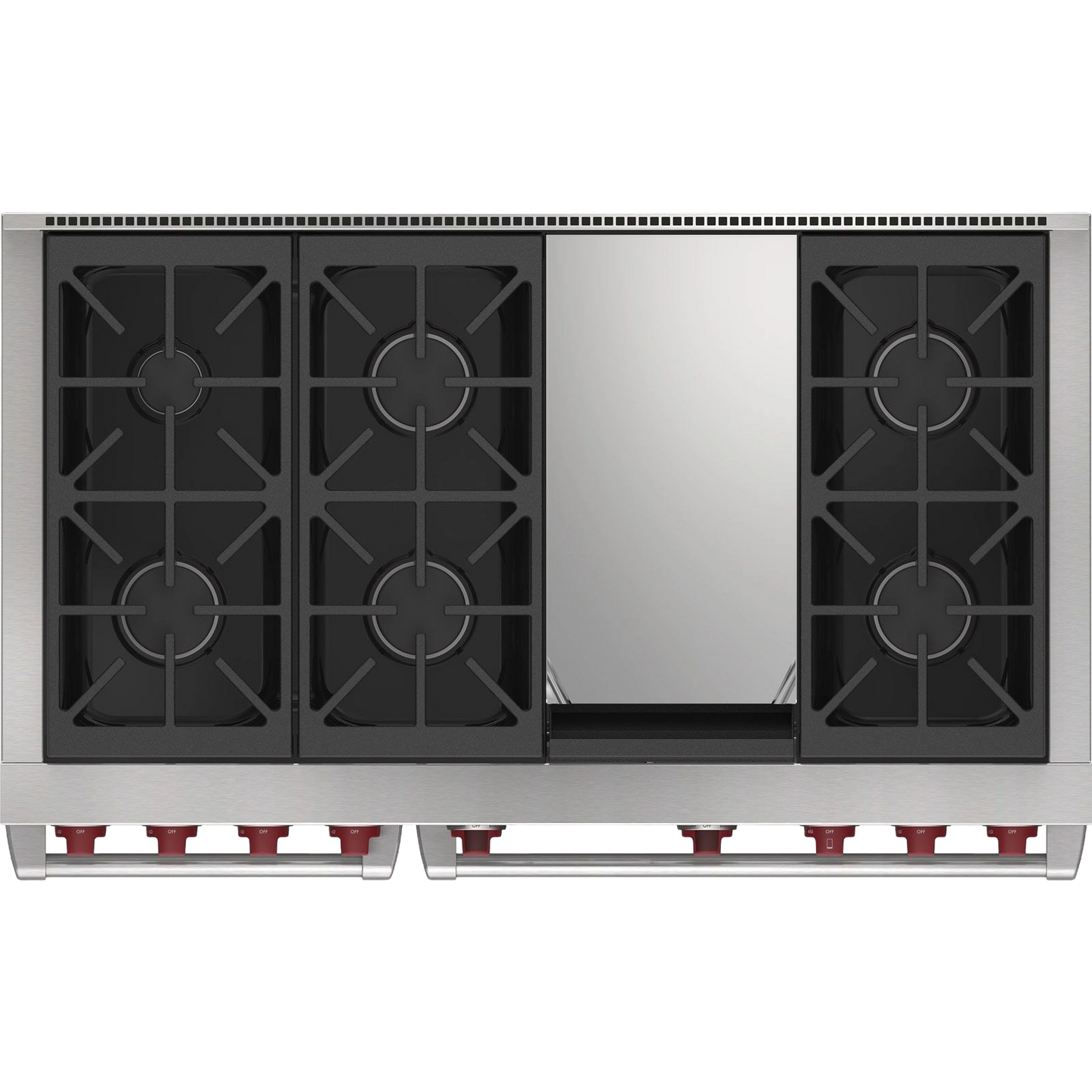 Stainless steel six-burner dual fuel range with infrared griddle, part of kitchen and appliances collections