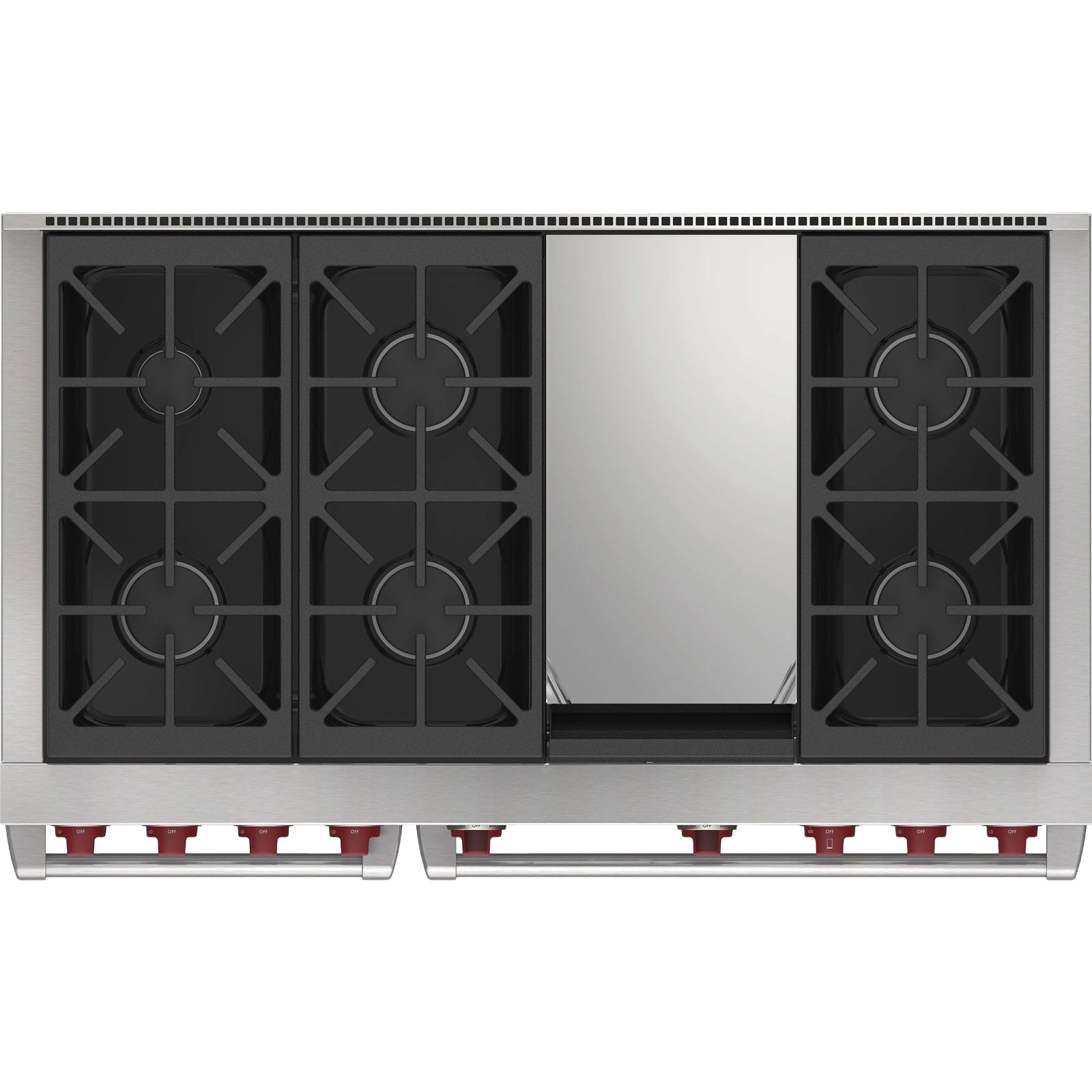 Stainless steel six-burner dual fuel range with infrared griddle, part of kitchen and appliances collections
