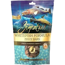 Resealable bag of limited ingredient whitefish formula dog treats for pet nutrition and health