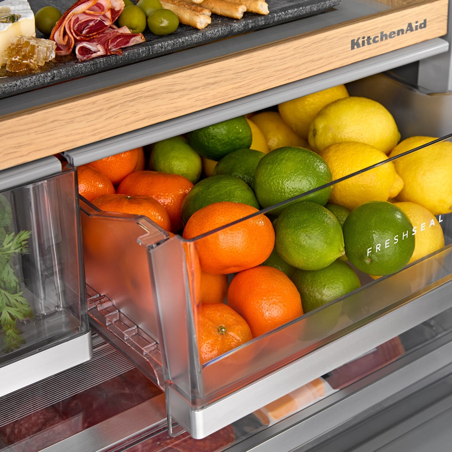 30 Cu. Ft. 36-Inch French Door Refrigerator with Exterior Water and Ice Dispenser and Wood-Look Sliding Tray in Black Ore