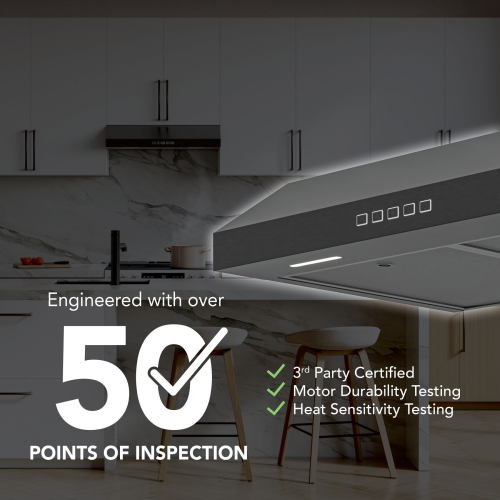 Close-up of a black under-cabinet range hood with digital controls in a modern kitchen setting from appliances collection