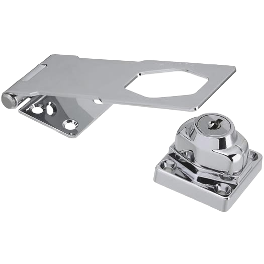 Chrome finished keyed lock and hasp set for secure door and gate hardware applications in home improvement collections