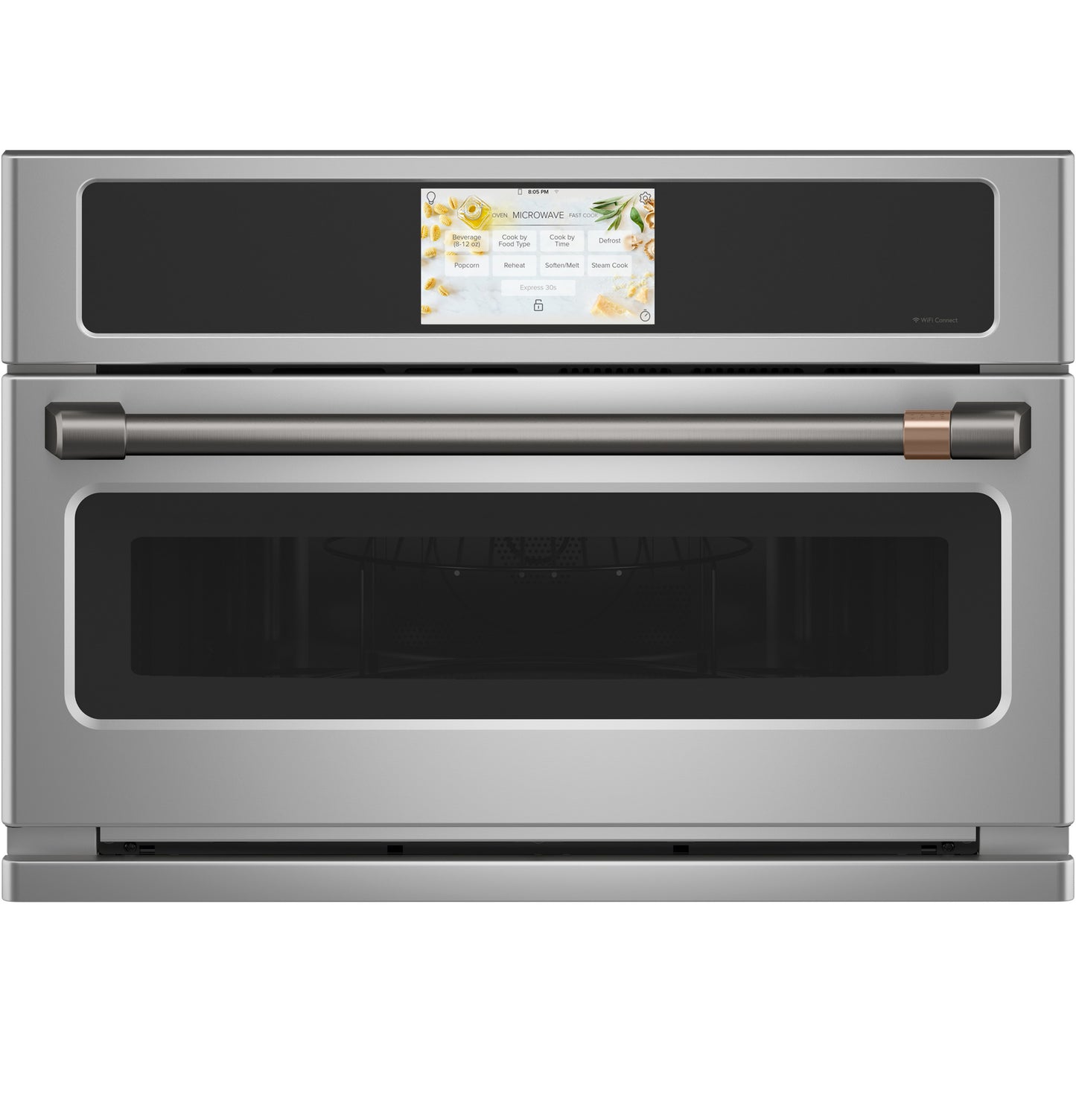 Stainless steel built-in microwave convection oven with touchscreen and brass-accented handle in modern kitchen appliances