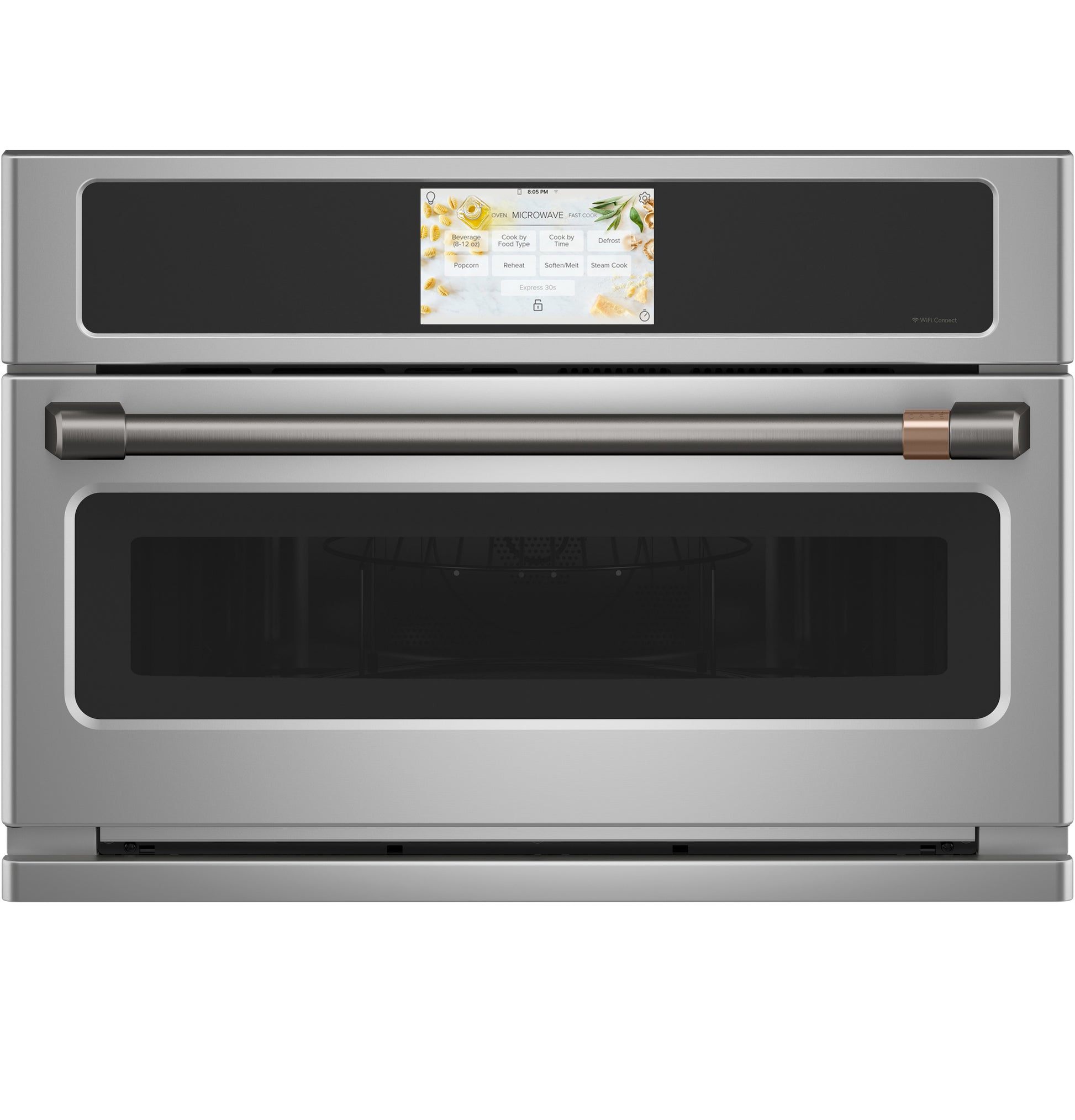Stainless steel built-in microwave convection oven with touchscreen and brass-accented handle in modern kitchen appliances