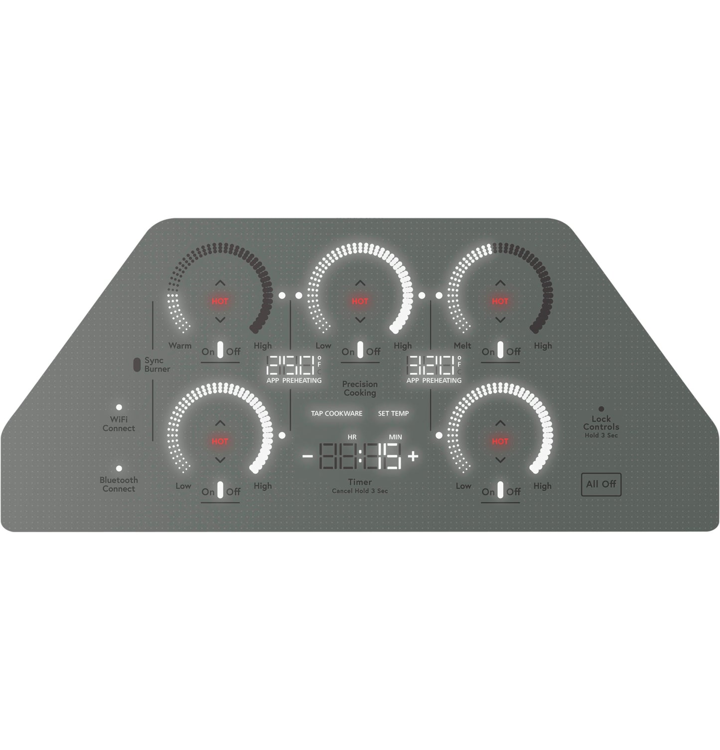 Touch control panel with digital displays and knobs for a black built-in induction cooktop in kitchen appliances collection