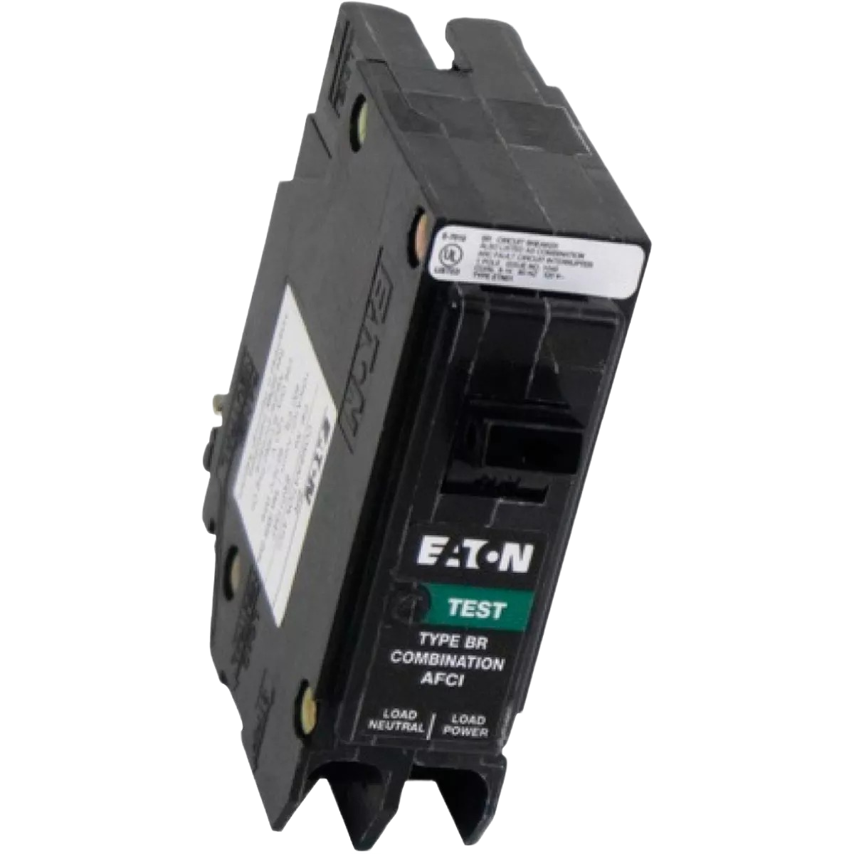 Black Eaton single-pole 20-amp AFCI circuit breaker with test button for home electrical safety upgrades