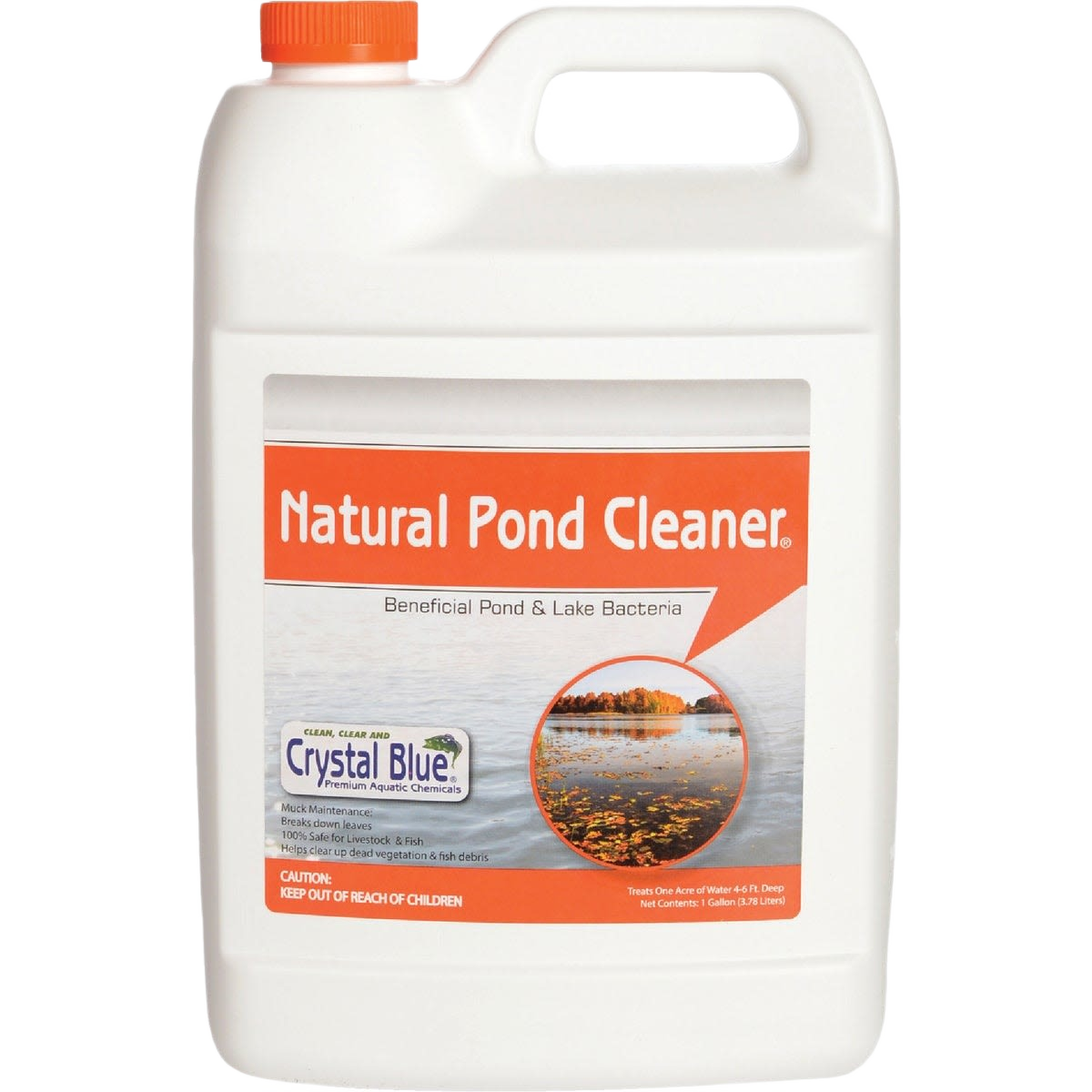 White gallon container of Crystal Blue natural pond cleaner with orange cap, for pond and lake maintenance in lawn and garden use