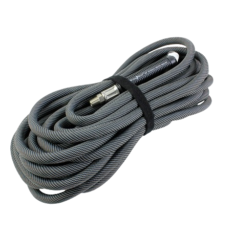 Coiled gray high-pressure air hose with metal fittings for air tools and home improvement projects under $100