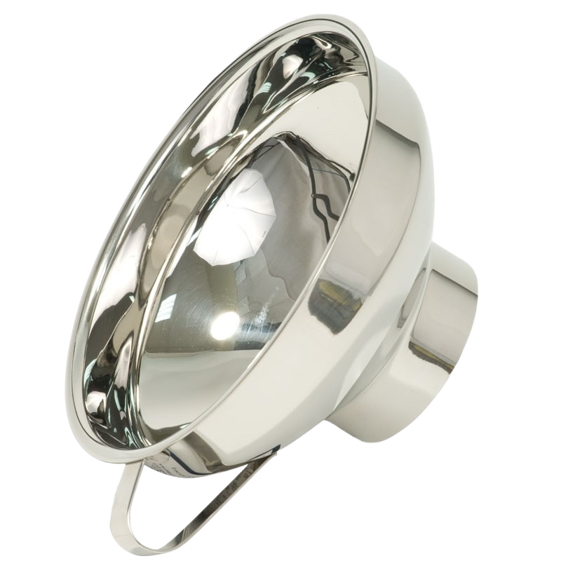 Stainless steel funnel with wide opening and handle designed for canning and home improvement tasks