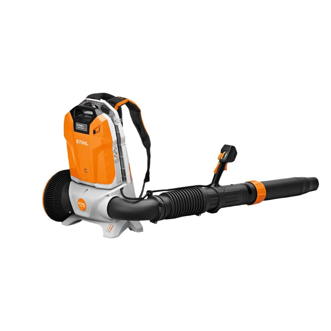 Orange and white backpack style battery-powered blower with black nozzle and ergonomic handle for outdoor cleanup tasks
