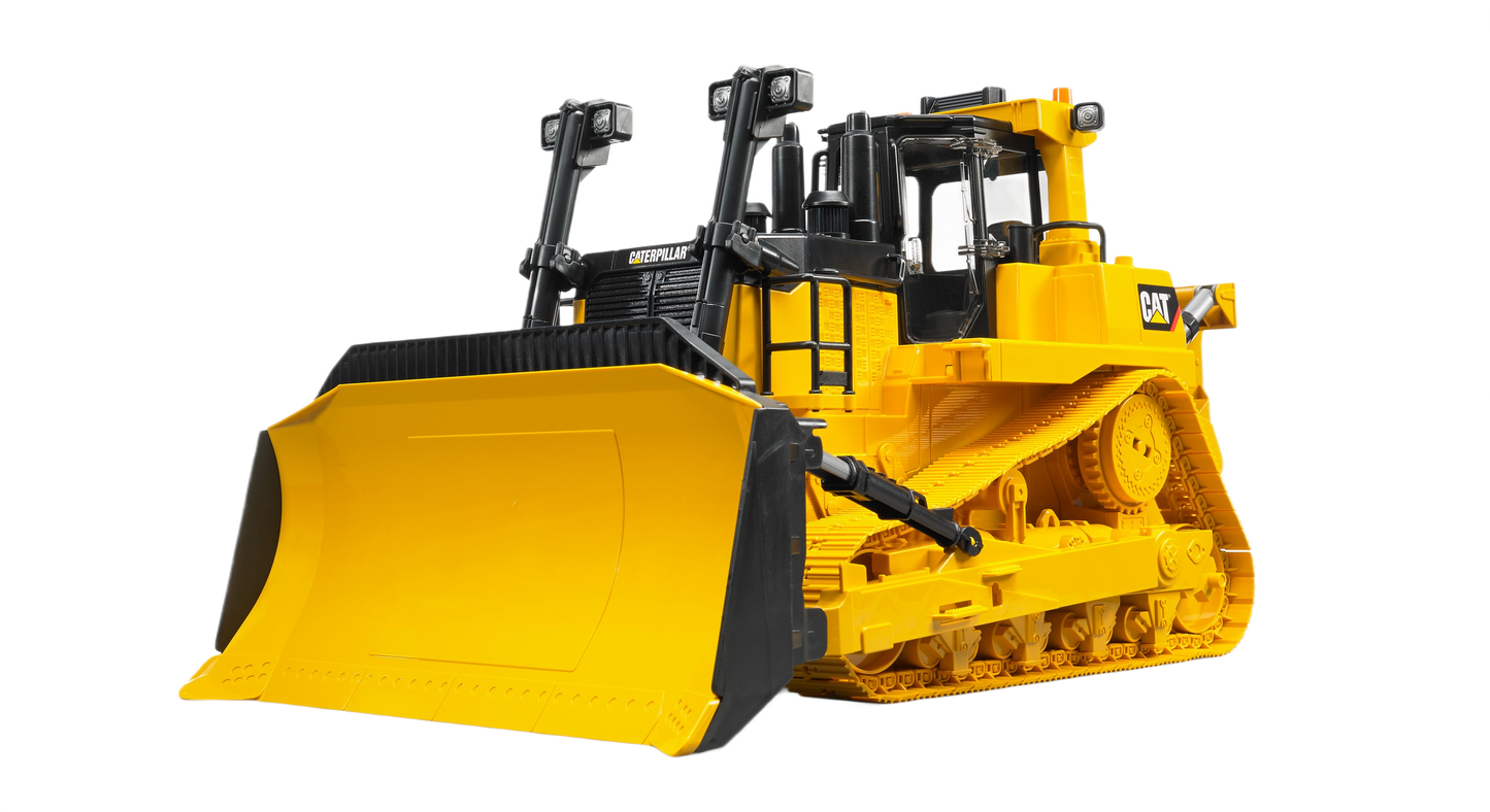 Yellow Bruder 1:16 scale CAT large track-type tractor model with detailed front blade for tools and home improvement play