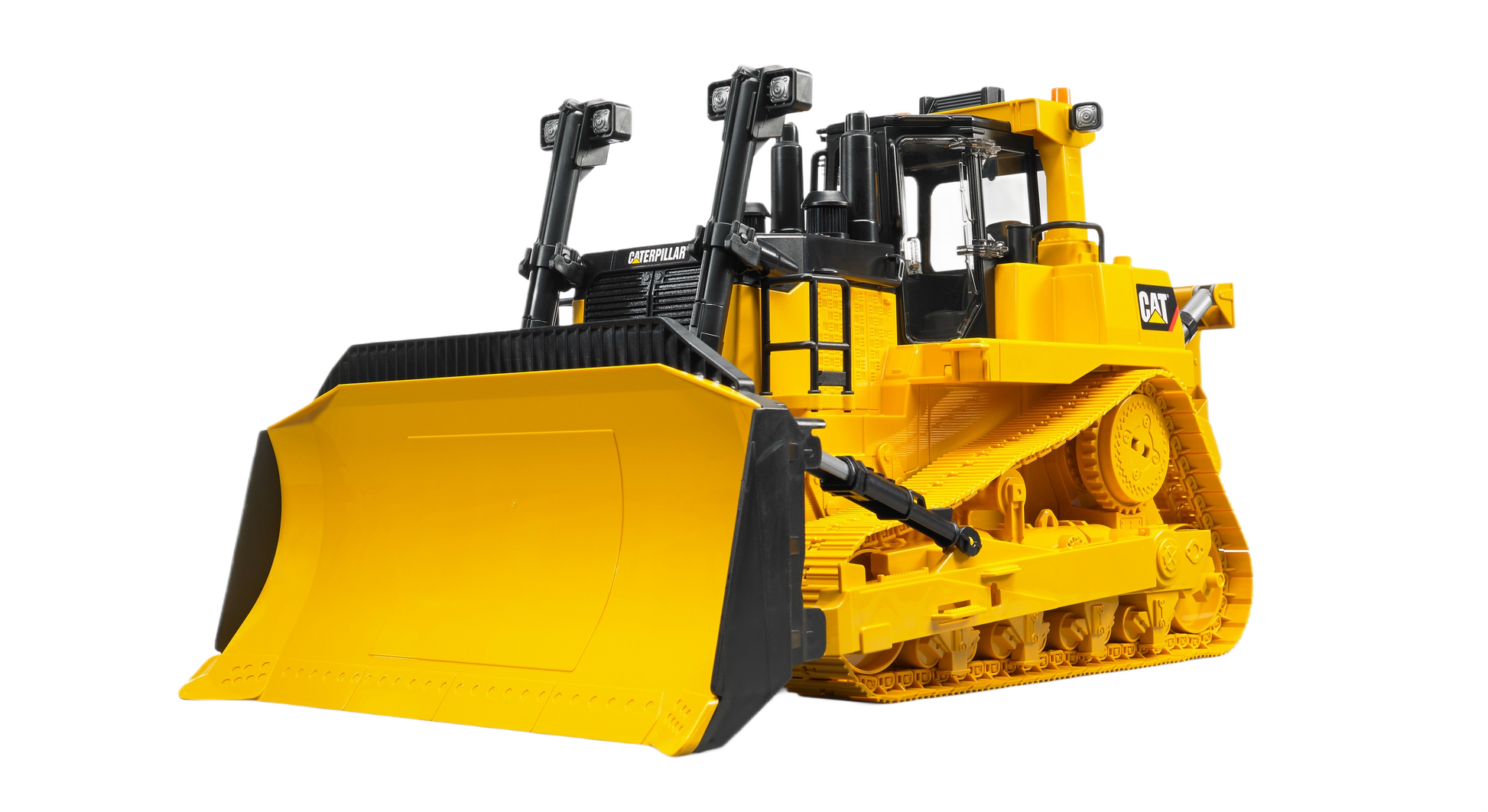Yellow Bruder 1:16 scale CAT large track-type tractor model with detailed front blade for tools and home improvement play