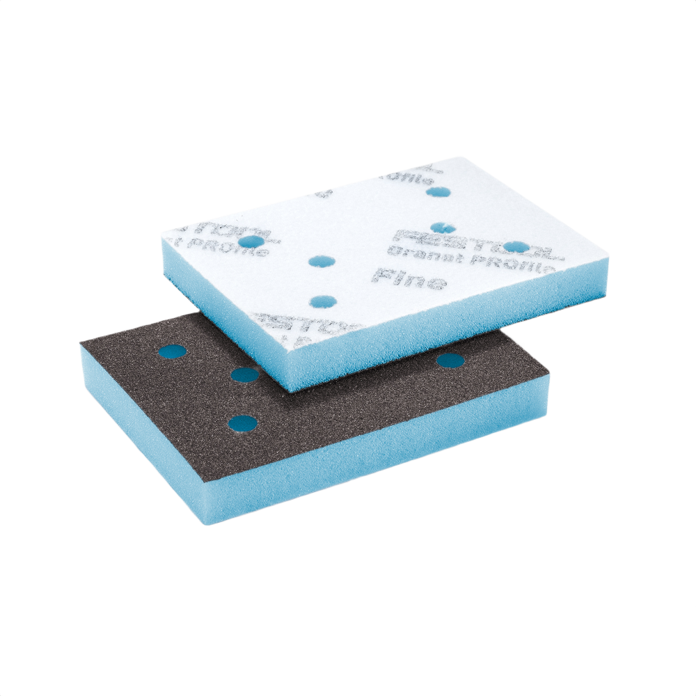 Two rectangular abrasive sanding pads with foam cores designed for precision surface preparation in tool accessories.