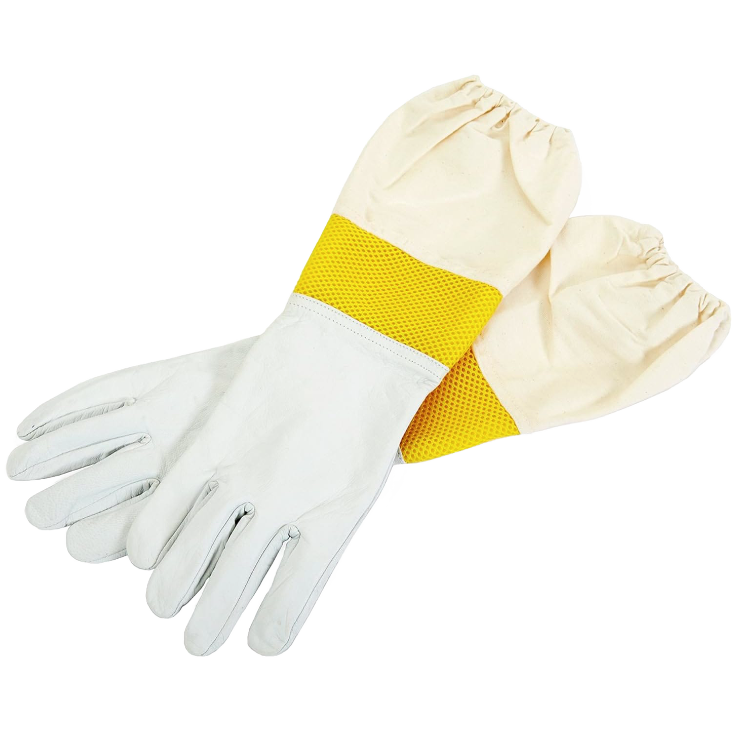 Pair of large goatskin gloves with yellow mesh cuffs, designed for beekeeping and outdoor living activities