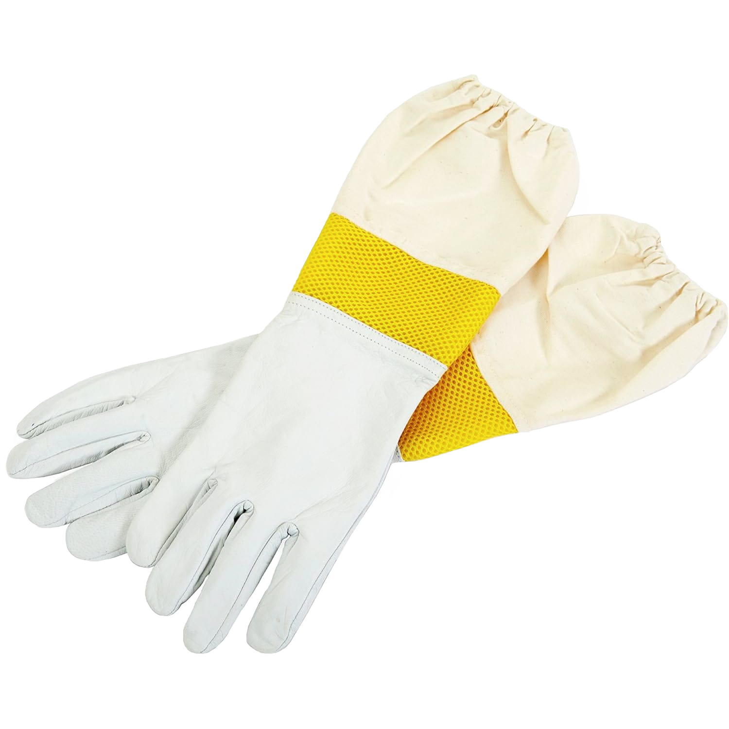 Pair of large goatskin gloves with yellow mesh cuffs, designed for beekeeping and outdoor living activities