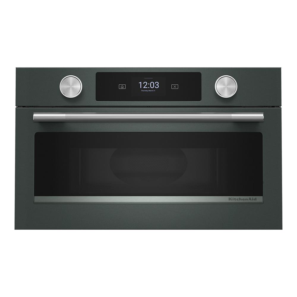 Built-in dark matte microwave oven with digital touchscreen and stainless steel handle from KitchenAid Appliances