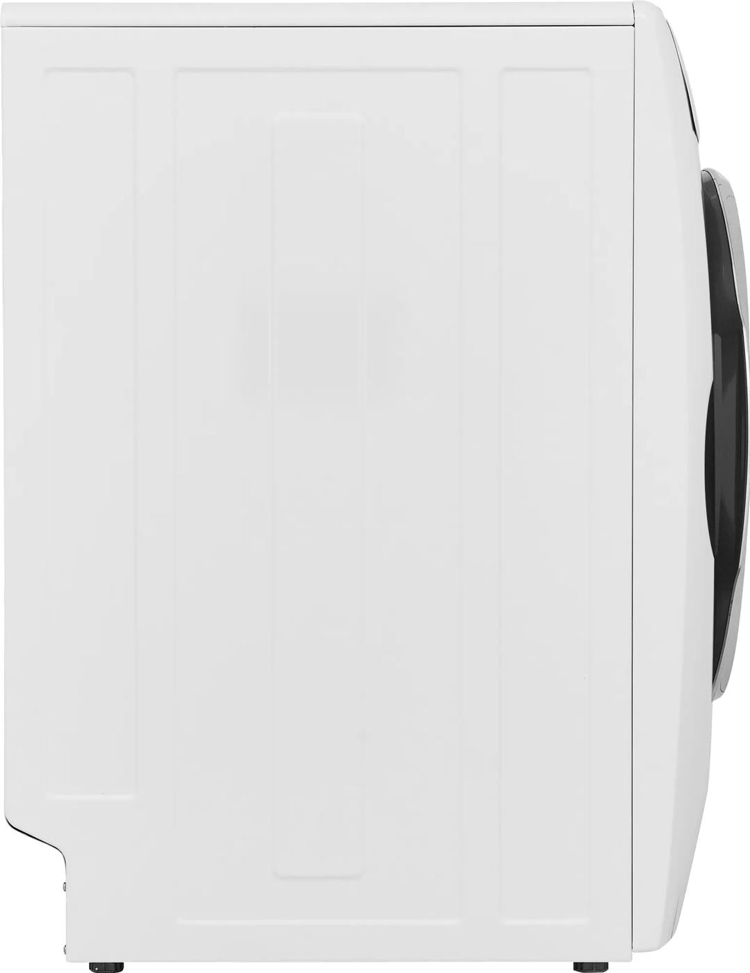 White side view of front load electric dryer with tinted door and smooth clean surface from dryers collection