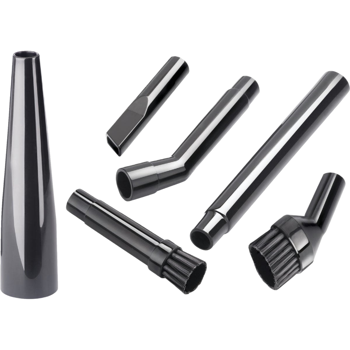 Set of six black vacuum accessory attachments including brushes and narrow nozzles for detail cleaning tasks